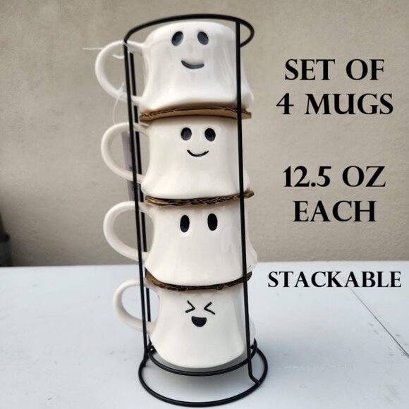 NEW Ceramic Ghost Mugs Mug Set of 4 Stacking Stackable White Stoneware Can hold - Picture 5 of 16